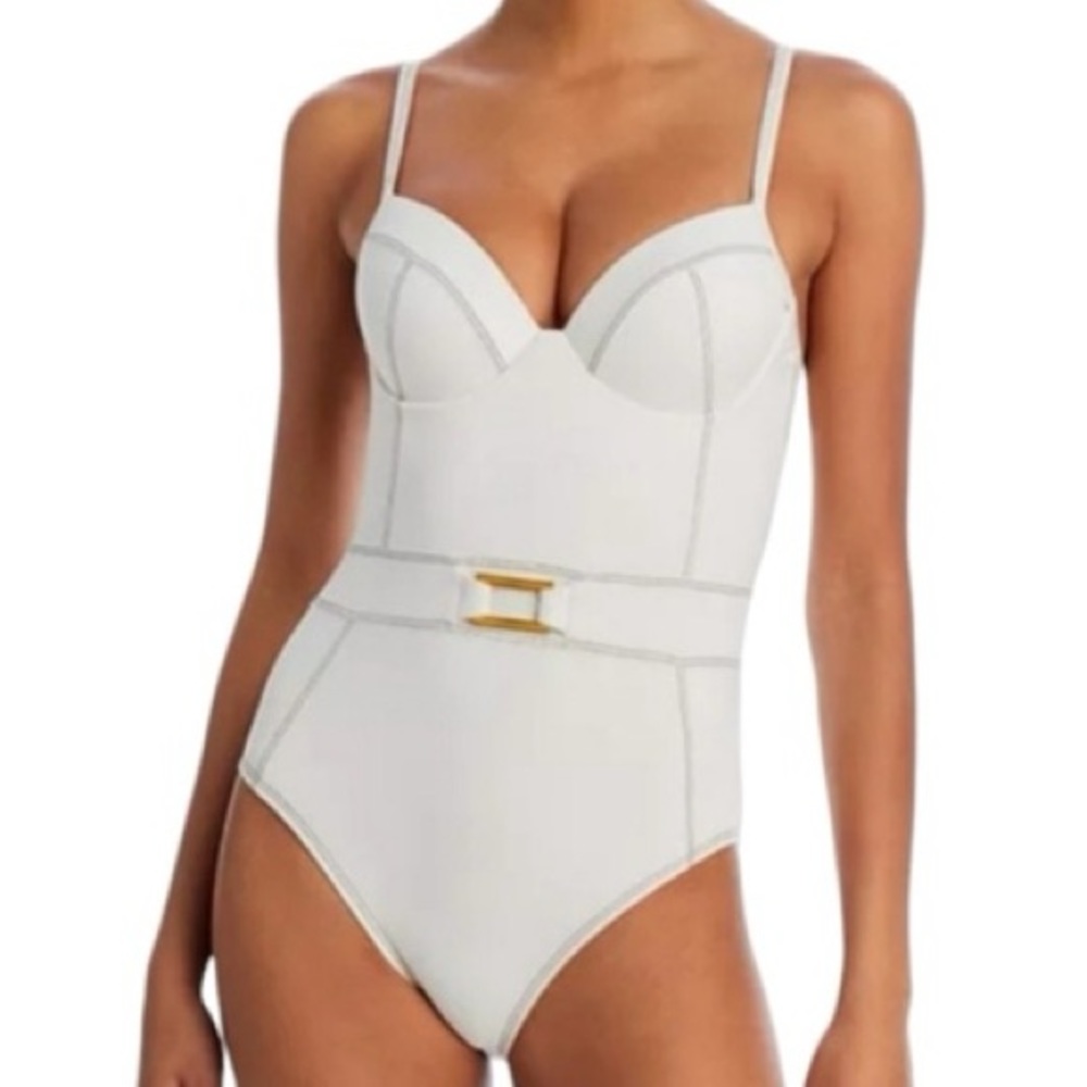 BLEU ROD BEATTIE white Belted one piece underwire bra Swimsuit size 12 NWT